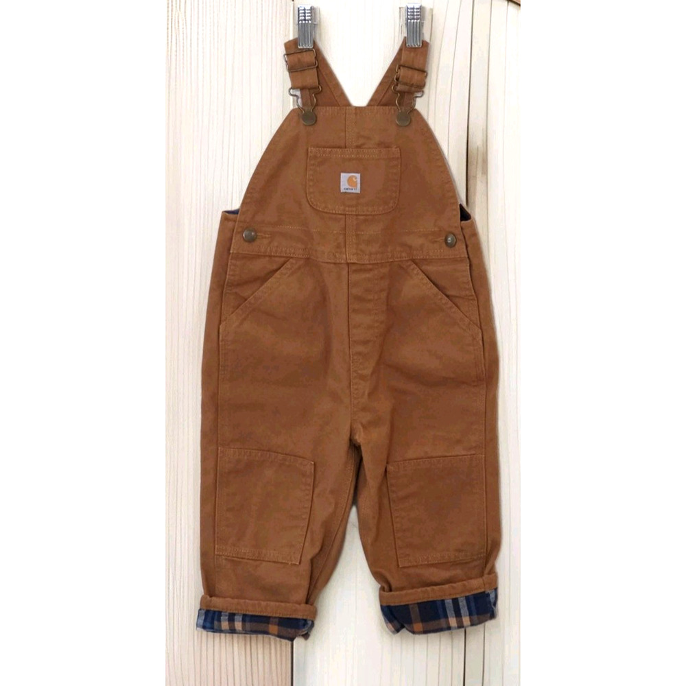 Carhartt Bib Overalls Boys Size 2T Flannel Lined Double Knee Duck Canvas Brown